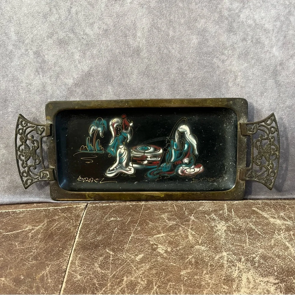 Israel Vintage Brass Enamel Tray Women OS Black Gold Hand Painted MCM Filigree